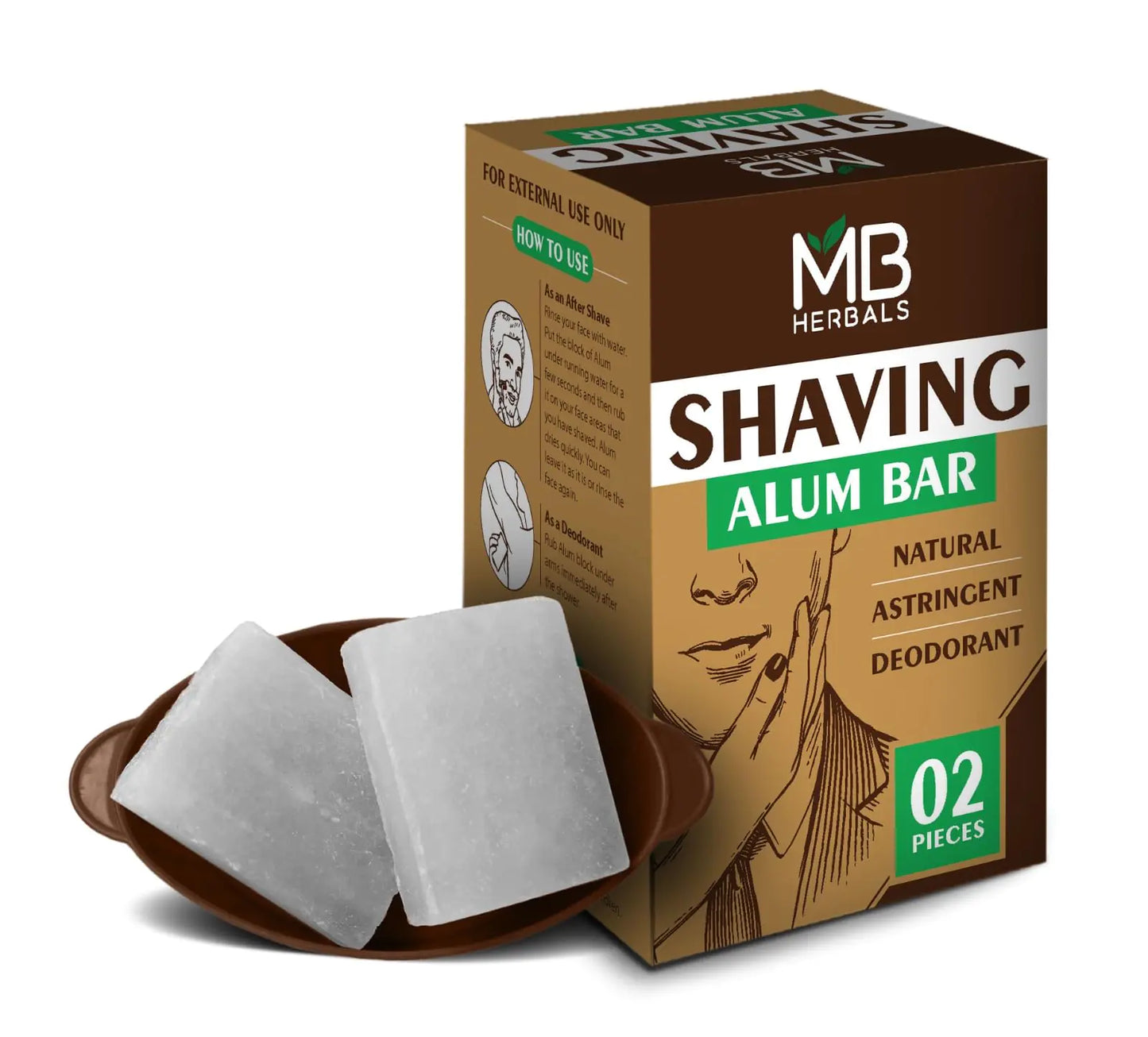 2 Pieces x 3.5 Ounce MB Herbals Shaving Alum Blocks | Pack of 2 Alum Blocks 3.5 Ounce Each | Potassium Shaving Alum Block Bar | No Fragrance | Stops Bleeding Minor Nicks Cuts After Shave