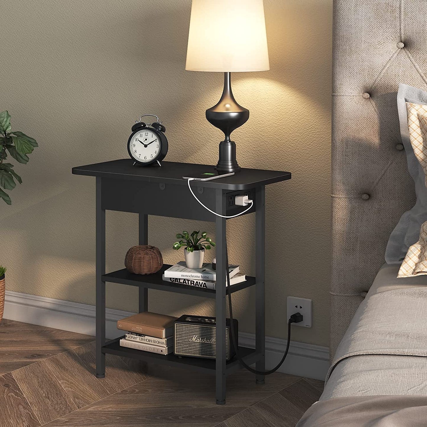 End Table With Charging Station Black Flip Top Side Table