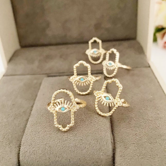 Hamsa Hand Ring, Evil Eye Ring, Adjustable Ring, Gold Ring, Lucky Evil