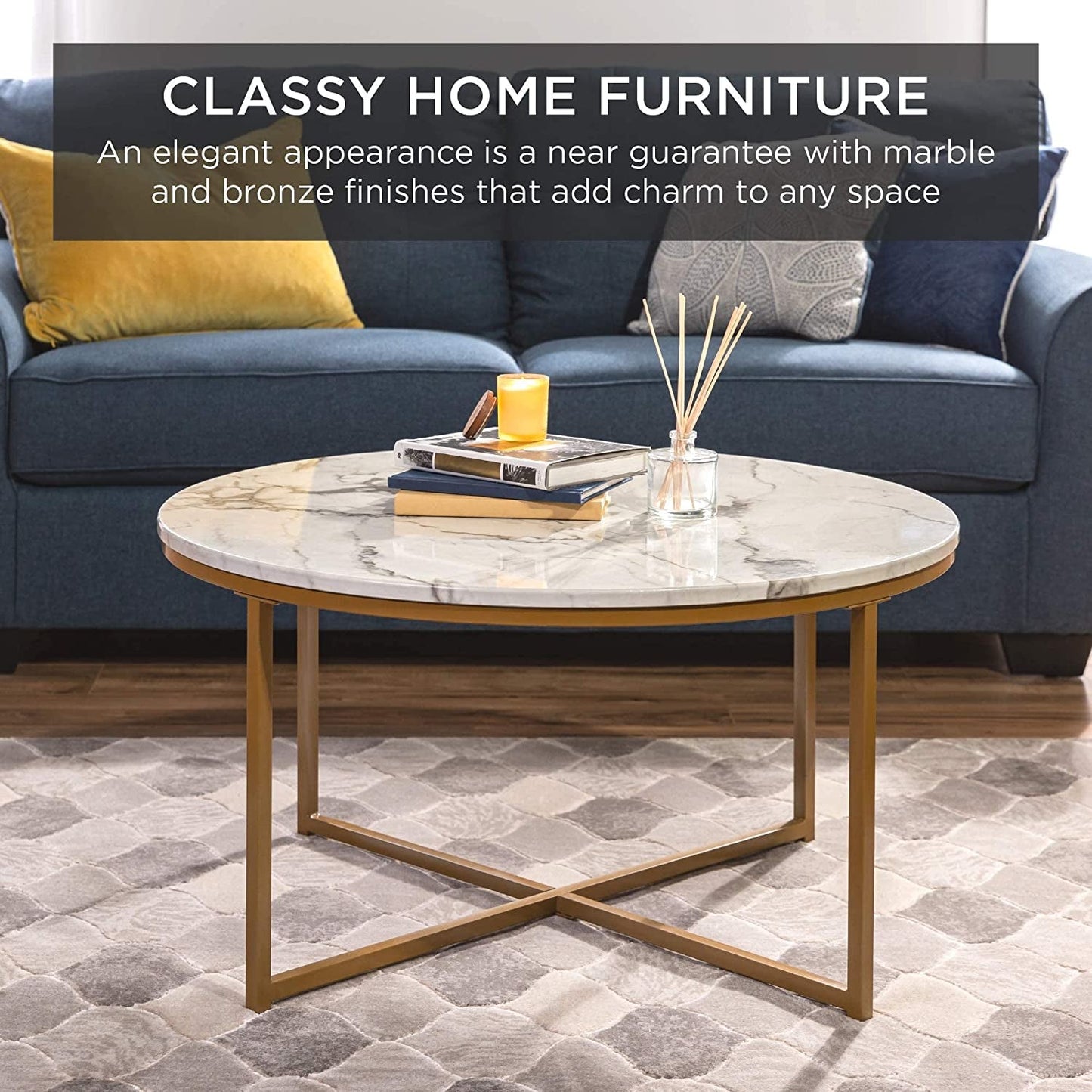 Round Coffee Table With Faux Marble Top Cross Leg Design