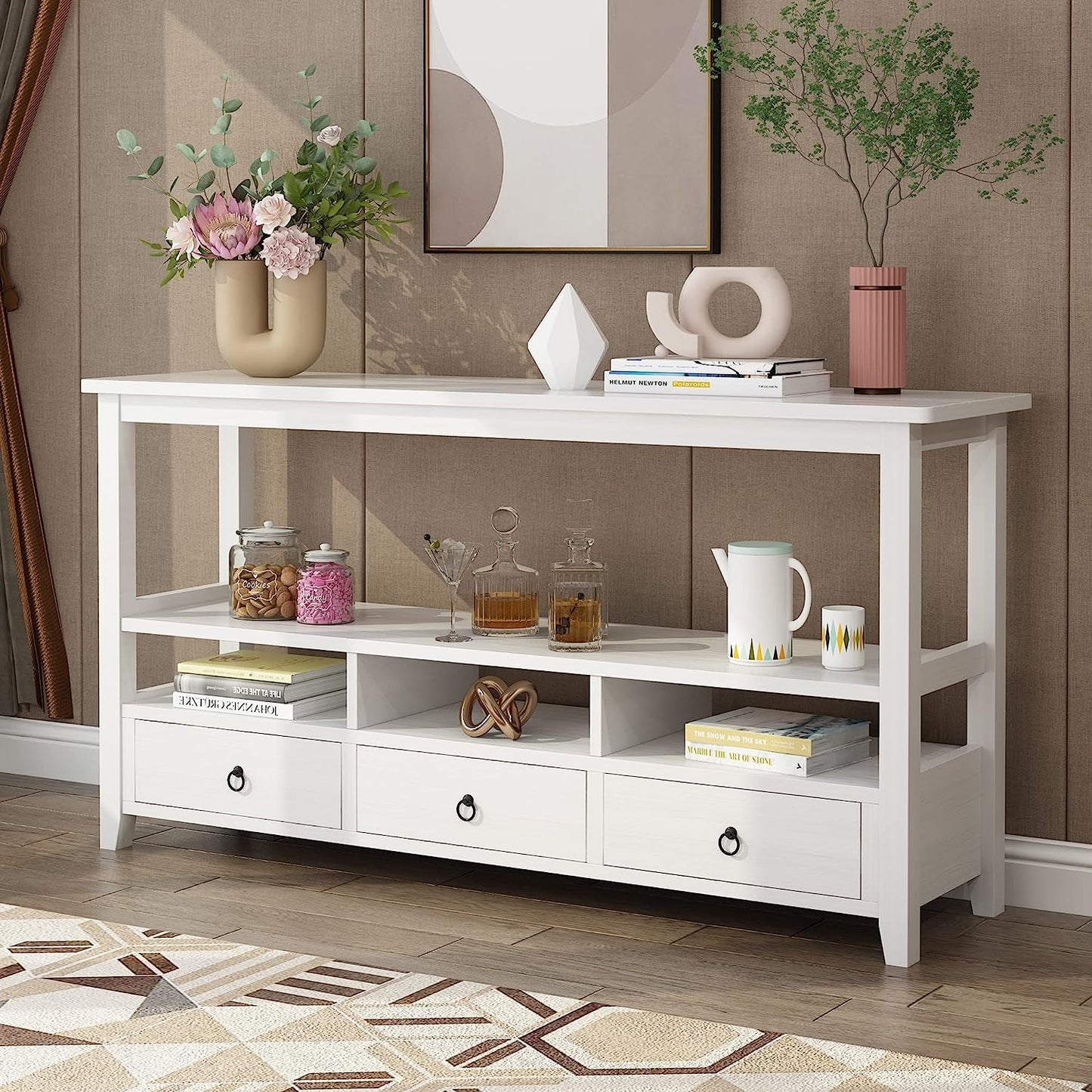 Vintage White Console Table With Storage Drawers And Shelves