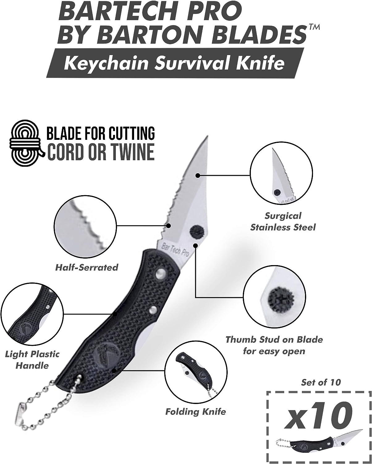 Set of 10 Keychain Knives - Stainless Steel Half-Serrated Blade