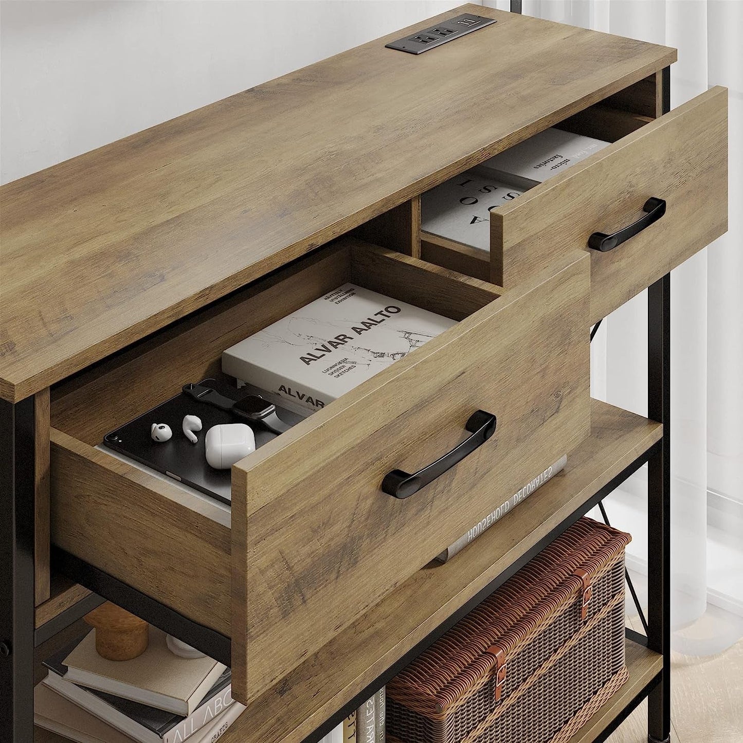 Rustic Brown Industrial Console Table With Storage Shelves