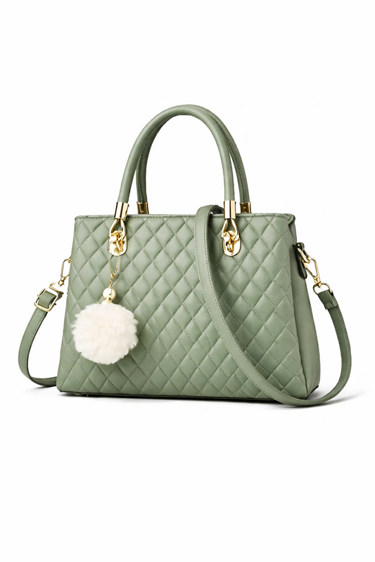 Sage Green Quilted Satchel with Pom-Pom Charm