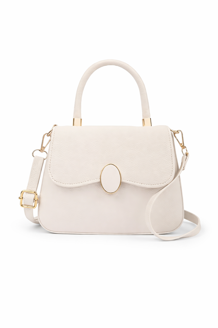 Cream Faux Leather Satchel with Oval Clasp