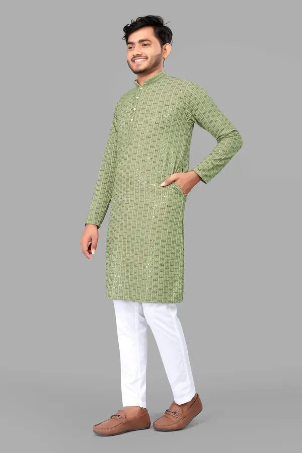 Rayon Chikankari Kurta Pyjama For Men (Size-40) (Color-PISTA)