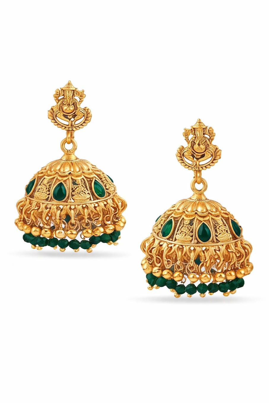 Temple Gold Ganesha Green Bead Jhumka Earrings