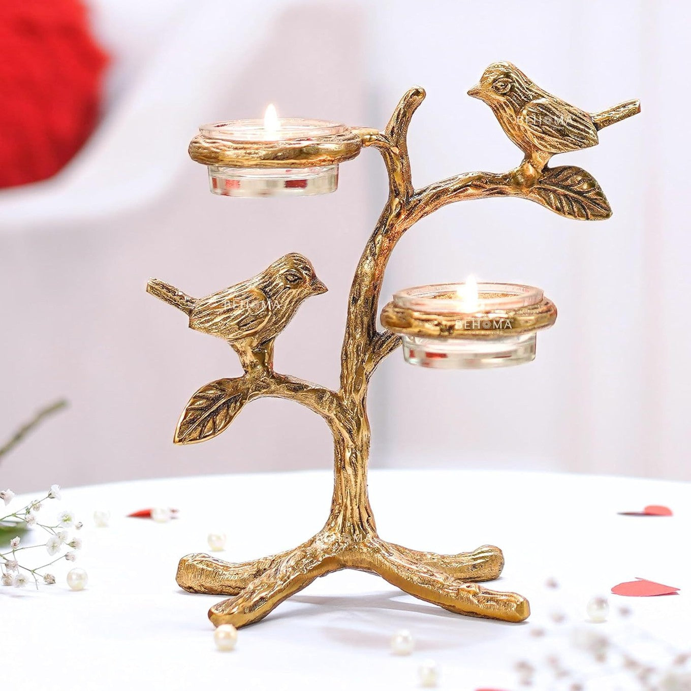 Love Birds Tree Tea Light Candle Holder Gold