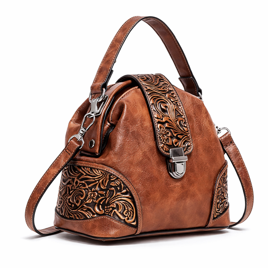 Vintage Floral Embossed Brown Leather Handbag