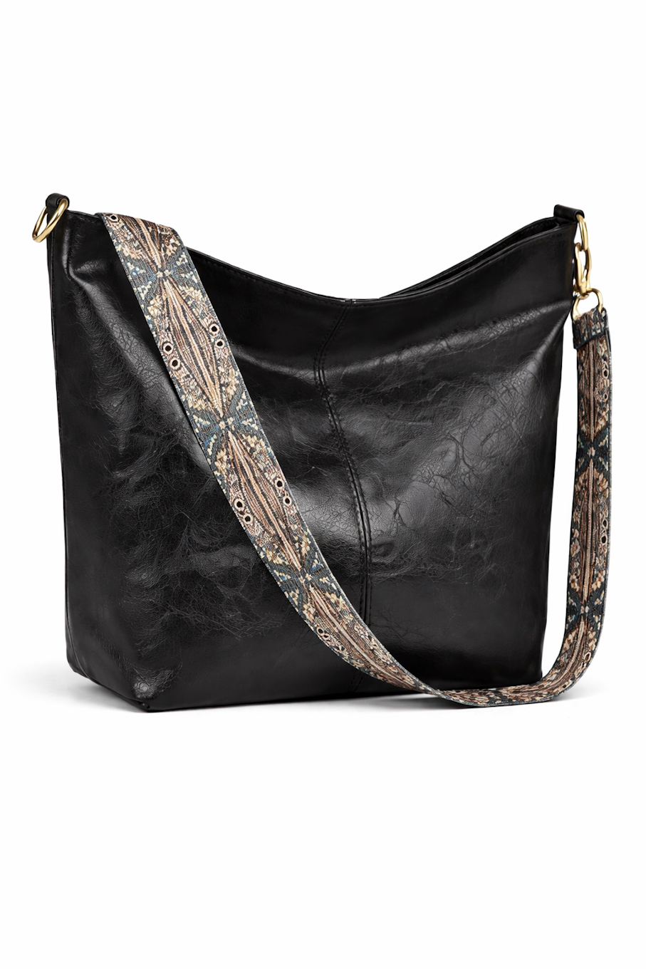 Black Vegan Leather Hobo Bag with Patterned Strap