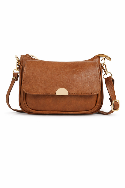 Brown Faux Leather Crossbody Bag with Flap