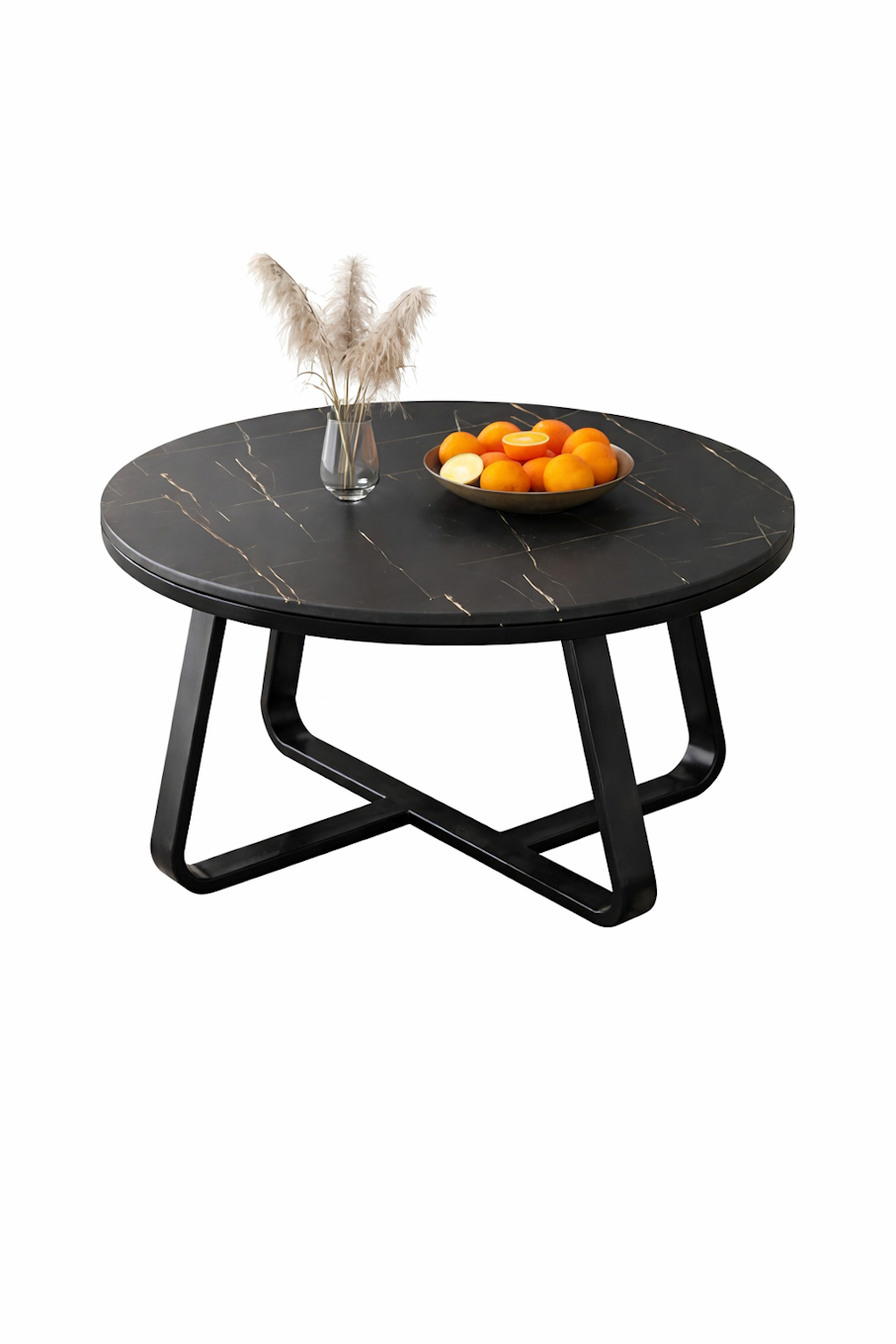 Black Marble Round Coffee Table with X-Base