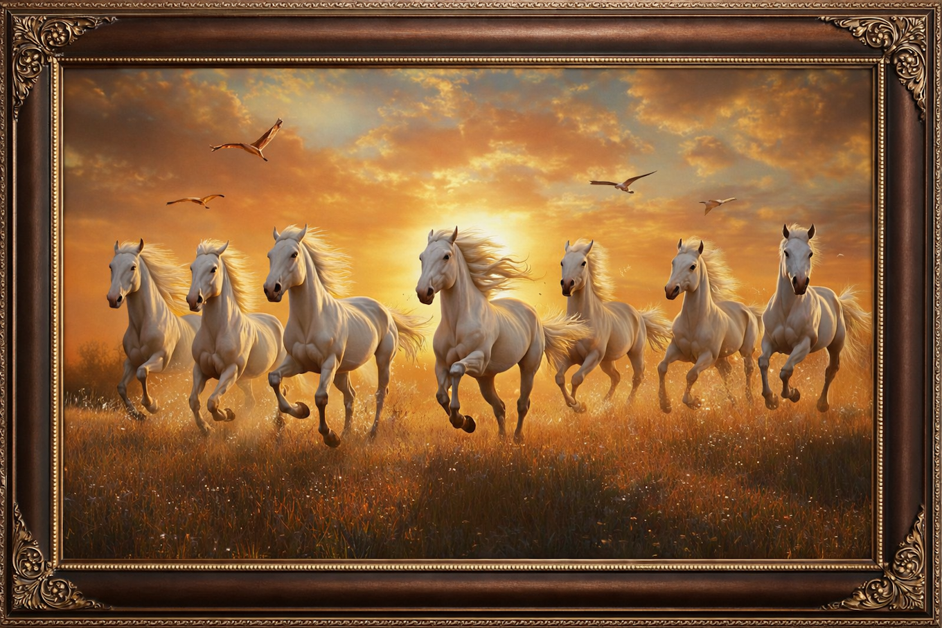 Majestic Seven Running White Horses Sunset Art