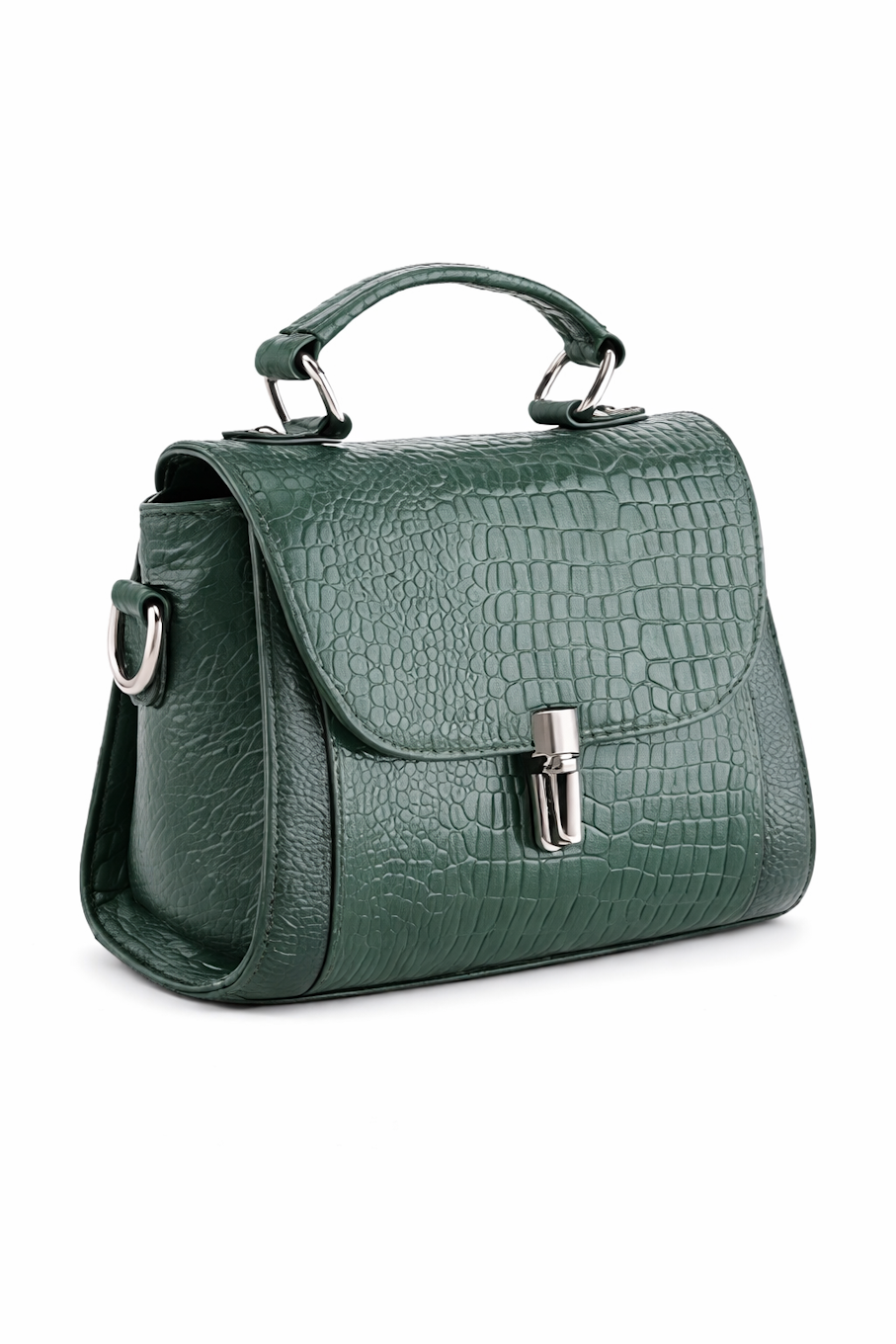Green Crocodile Embossed Leather Handbag