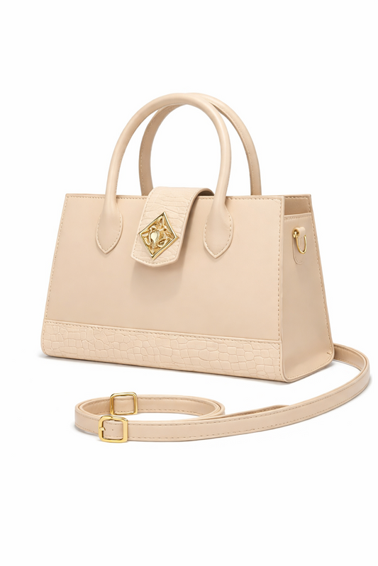 Beige Top Handle Bag with Gold Emblem Detail