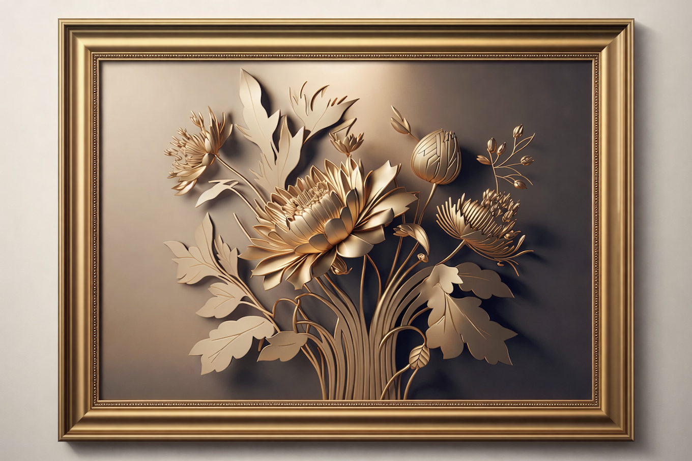 3D Golden Floral Bas-Relief Art in Gold Frame