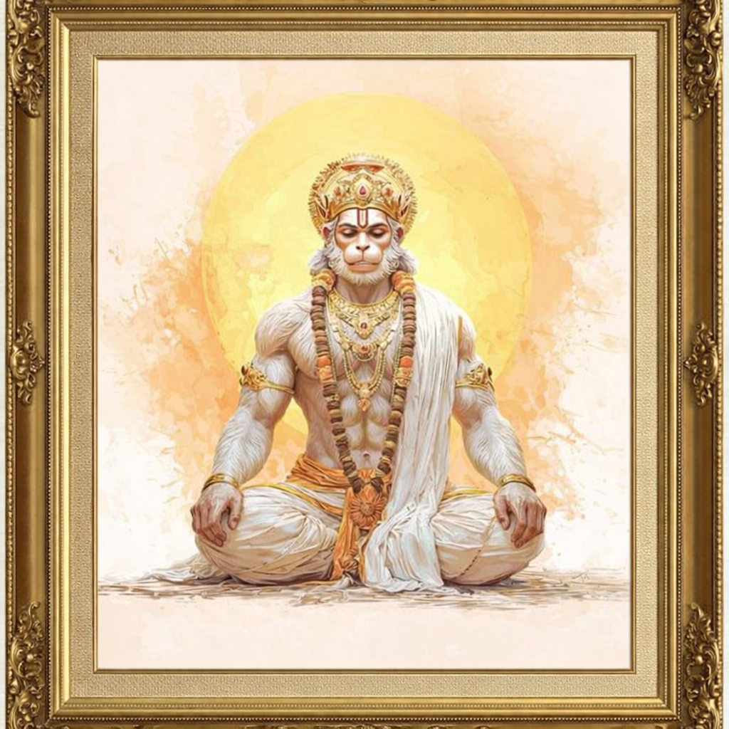 Divine Meditating Lord Hanuman in Gold Frame