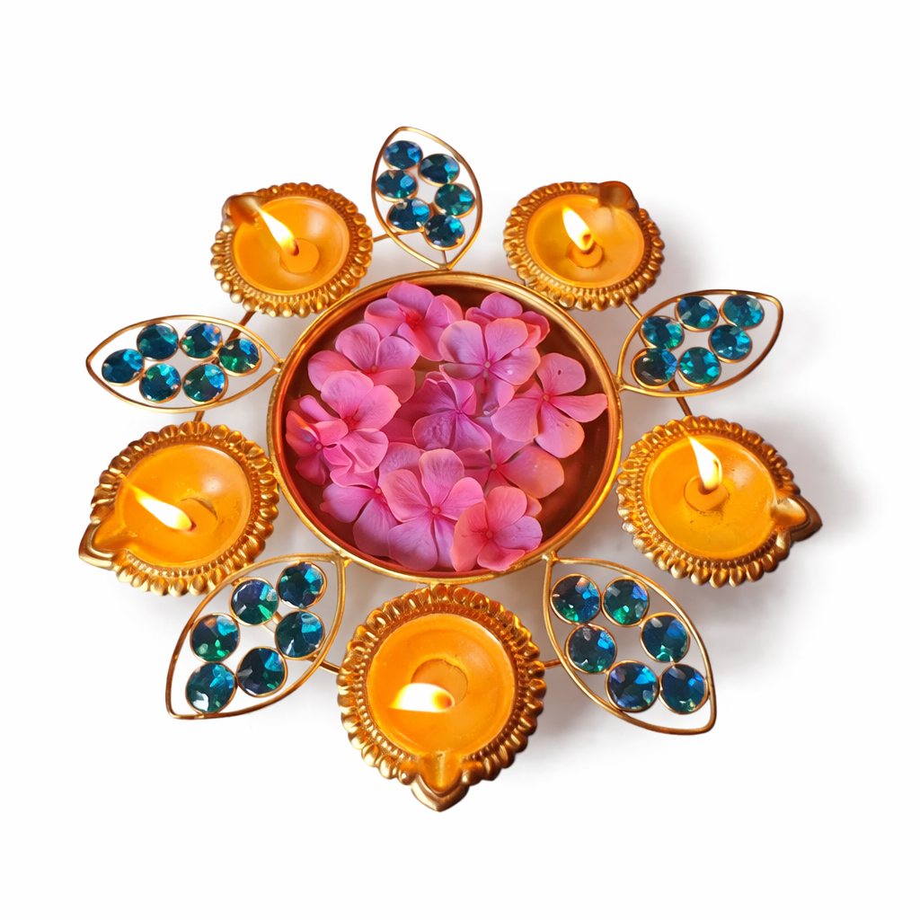 Flower and Bead Decorated Golden Urli with Diyas