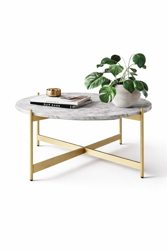 Modern Gold Cross-Base Marble Coffee Table