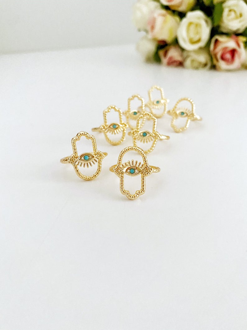 Hamsa Hand Ring, Evil Eye Ring, Adjustable Ring, Gold Ring, Lucky Evil