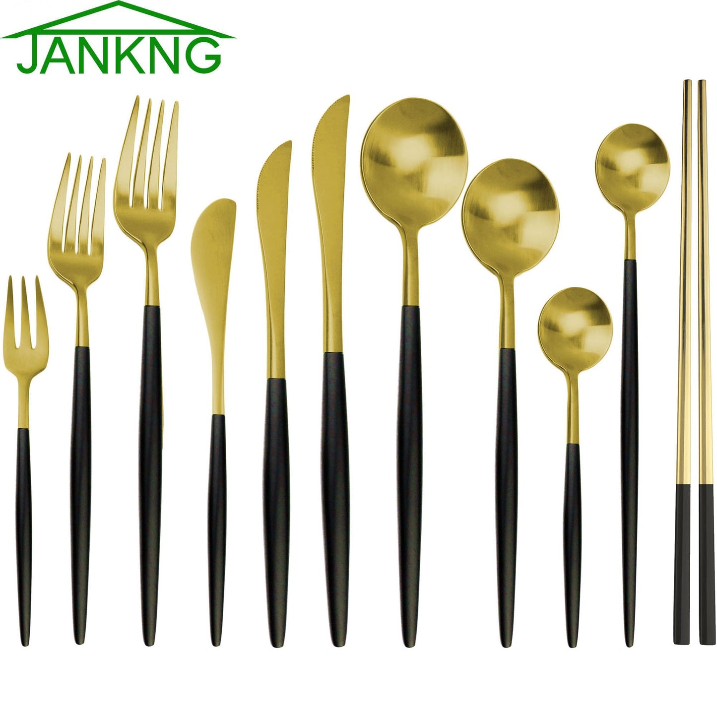 JANKNG 6Pcs Black Gold Stainless Steel Dinnerware Sets Forks Knives