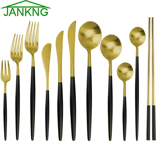 JANKNG 6Pcs Black Gold Stainless Steel Dinnerware Sets Forks Knives