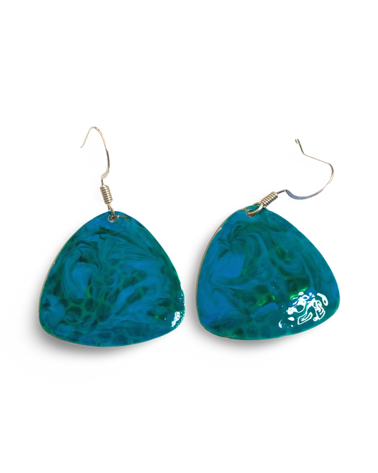 Blue & Green Hand Painted Enamel Marbleized Guitar Pick Earrings